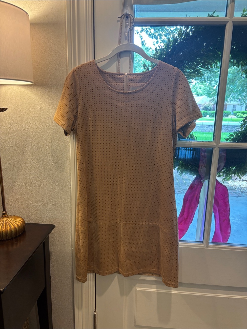 Classic Short-Sleeve Shift Dress in Tan